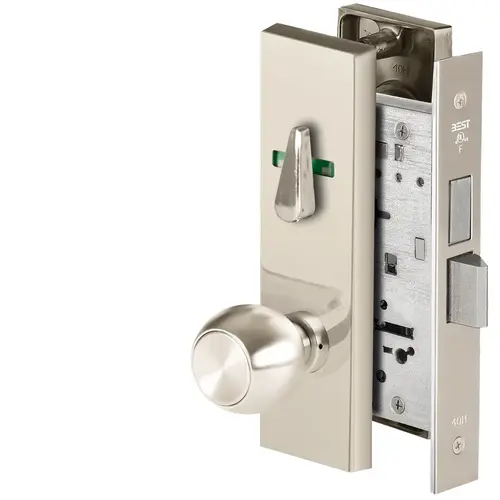 Grade 1 Dormitory Mortise Lock, Visual Thumbturn Indicator, 4 Knob, M Escutcheon, SFIC Housing Less Core, Bright Nickel Finish, Field Reversible Bright Nickel