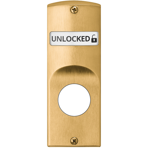 Indicator for Sectional Trim with Cylinder Prep, Interior displays "Unlocked / Locked" in White & Red, Field Reversible, Satin Brass Finish Satin Brass