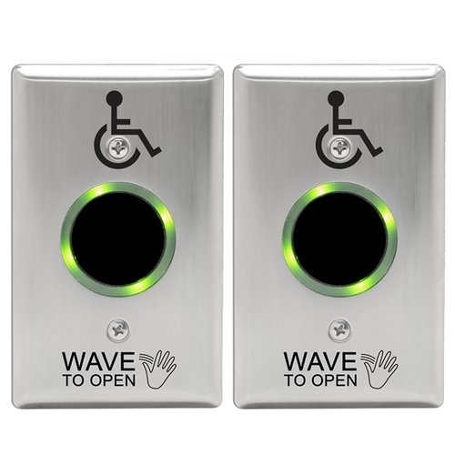 SureWave CM-331 Series Touchless Switch Kit, Contains (2) CM-331/42S-SGLR 1" to 28" Range, 1 Relay, Single Gang Stainless Steel Hand Icon/'Wave to Open' Text/Wheelchair Symbol Faceplate, Includes 1 Tri-Color Light Ring, (2) CM-TX99 Wireless Transmitters, (2) CM-34BL Surface Boxes, (1) CM-RX-90 Relay Receiver, Stainless Steel Finish Applied