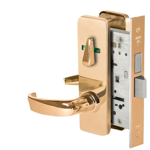 Grade 1 Dormitory Mortise Lock, Visual Thumbturn Indicator, 14 Lever, J Escutcheon, SFIC Housing Less Core, Bright Bronze Finish, Field Reversible Bright Bronze