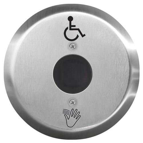 SureWave CM-333 Series Touchless Switch, 1" to 12" Range, 1 Relay, Round 6" Stainless Steel Hand Icon/Wheelchair Symbol Faceplate, Includes 2 'AA' Alkaline Batteries, Black Finish Applied