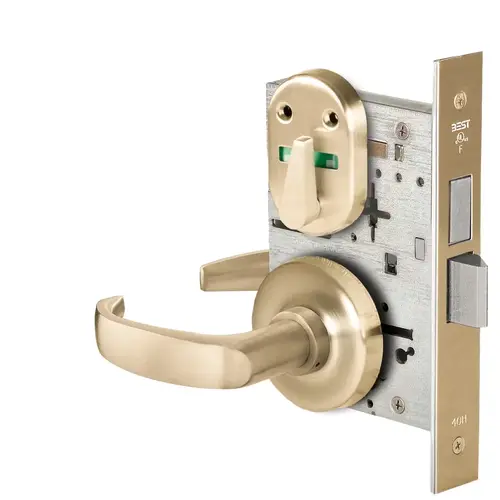 Grade 1 Dormitory Mortise Lock, Visual Thumbturn Indicator, 14 Lever, R Rose, SFIC Housing Less Core, Satin Brass Finish, Field Reversible Satin Brass