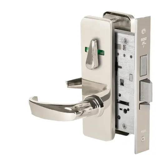 Grade 1 Dormitory Mortise Lock, Double Visual Indicator, 14 Lever, J Escutcheon, SFIC Housing Less Core, Bright Nickel Finish, Field Reversible Bright Nickel