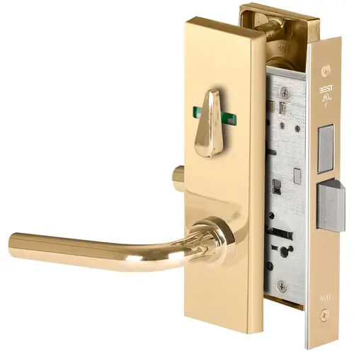 Grade 1 Privacy Mortise Lock, Visual Thumbturn Indicator, 12 Lever, M Escutcheon, Non-Keyed, Bright Brass Finish, Field Reversible Bright Brass