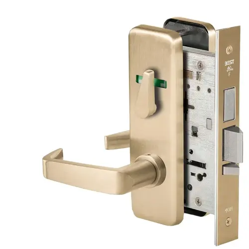 Grade 1 Dormitory Mortise Lock, Double Visual Indicator, 15 Lever, J Escutcheon, SFIC Housing Less Core, Satin Brass Finish, Field Reversible Satin Brass