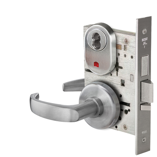 Grade 1 Dormitory Mortise Lock, Visual Keyed Indicator, 14 Lever, H Rose, SFIC Housing Less Core, Satin Stainless Steel Finish, Field Reversible Satin Stainless Steel