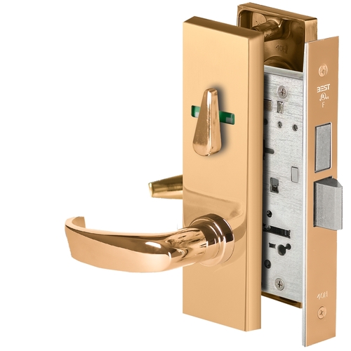 Grade 1 Dormitory Mortise Lock, Visual Thumbturn Indicator, 14 Lever, M Escutcheon, SFIC Housing Less Core, Bright Bronze Finish, Field Reversible Bright Bronze