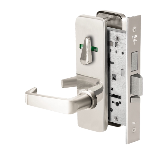 Grade 1 Dormitory Mortise Lock, Visual Thumbturn Indicator, 15 Lever, J Escutcheon, SFIC Housing Less Core, Bright Chrome Finish, Field Reversible Bright Chrome