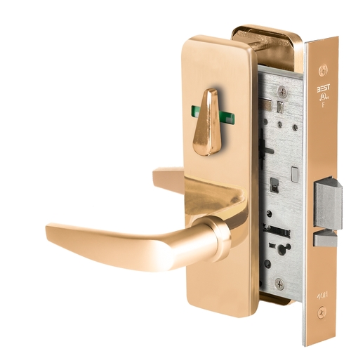 Grade 1 Office Mortise Lock, Visual Thumbturn Indicator, 16 Lever, J Escutcheon, SFIC Housing Less Core, Bright Bronze Finish, Field Reversible Bright Bronze