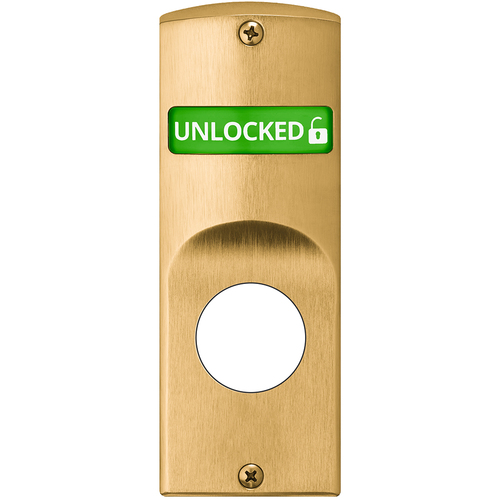 Indicator for Sectional Trim with Cylinder Prep, Interior displays "Unlocked / Locked" in Green & Red, Field Reversible, Satin Brass Finish Satin Brass