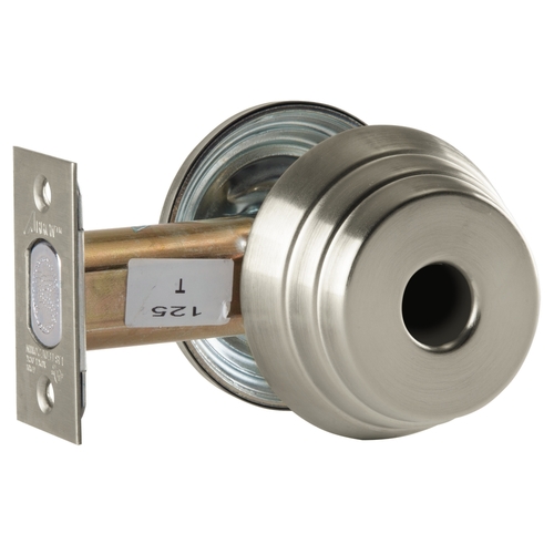 Grade 2 Single Cylinder Deadlock, Less Cylinder, Satin Nickel Plated Clear Coated Finish, Field Reversible Satin Nickel Plated Clear Coated