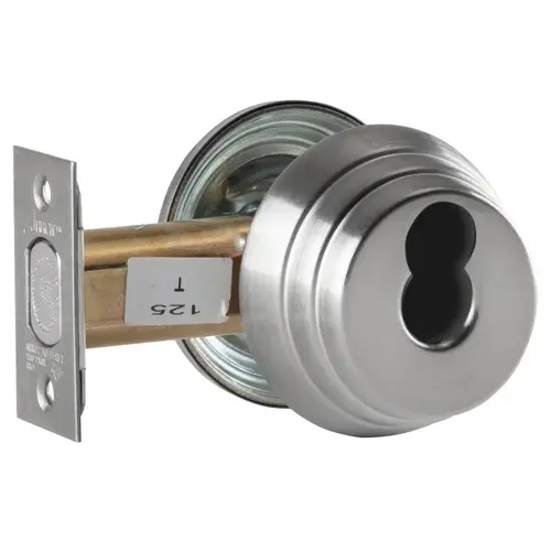 Grade 2 Single Cylinder Deadlock, Red/White "Unlocked/Locked" Indicator Inside, SFIC Prep Less Core, Satin Chrome Finish, Field Reversible Satin Chrome