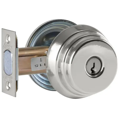 Grade 2 Single Cylinder Deadlock, Red/Green "Unlocked/Locked" Indicator Inside, Conventional Cylinder, Bright Chrome Finish, Schlage C Keyway, Field Reversible Bright Chrome