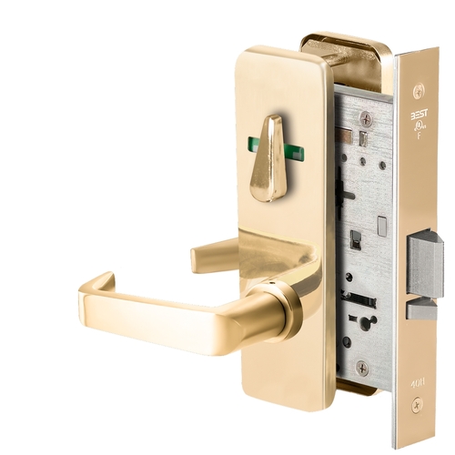 Grade 1 Office Mortise Lock, Visual Thumbturn Indicator, 15 Lever, J Escutcheon, SFIC Housing Less Core, Bright Brass Finish, Field Reversible Bright Brass