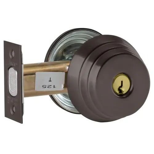 Grade 2 Single Cylinder Deadlock, Red/White "Unlocked/Locked" Indicator Inside, Conventional Cylinder, Dark Oxidized Bronze Finish, Schlage C Keyway, Field Reversible Dark Oxidized Bronze