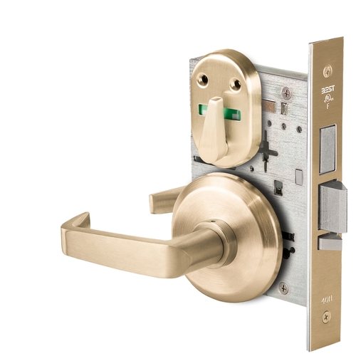 Grade 1 Dormitory Mortise Lock, Visual Thumbturn Indicator, 15 Lever, S Rose, SFIC Housing Less Core, Satin Brass Finish, Field Reversible Satin Brass