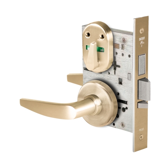 Grade 1 Dormitory Mortise Lock, Visual Thumbturn Indicator, 16 Lever, H Rose, SFIC Housing Less Core, Satin Brass Finish, Field Reversible Satin Brass