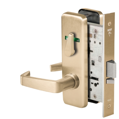 Grade 1 Office Mortise Lock, Visual Thumbturn Indicator, 15 Lever, J Escutcheon, SFIC Housing Less Core, Satin Brass Finish, Field Reversible Satin Brass