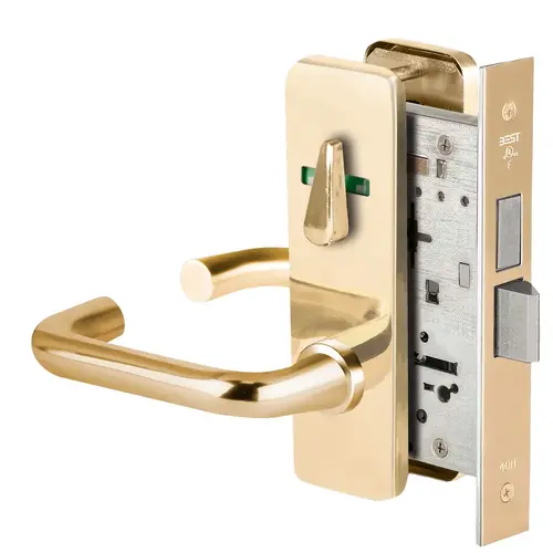 Grade 1 Dormitory Mortise Lock, Double Visual Indicator, 3 Lever, J Escutcheon, SFIC Housing Less Core, Bright Brass Finish, Field Reversible Bright Brass