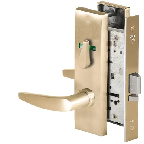 Grade 1 Office Mortise Lock, Visual Thumbturn Indicator, 16 Lever, M Escutcheon, SFIC Housing Less Core, Satin Brass Finish, Field Reversible Satin Brass