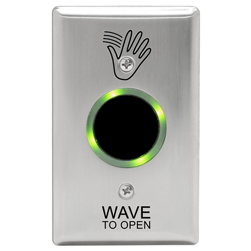 SureWave CM-332 Series Touchless Switch, 1" to 28" Range, 2 Relays, Single Gang Stainless Steel Hand Icon/'Wave to Open' Text Faceplate, Includes 1 Tri-Color Light Ring, Stainless Steel Finish Applied