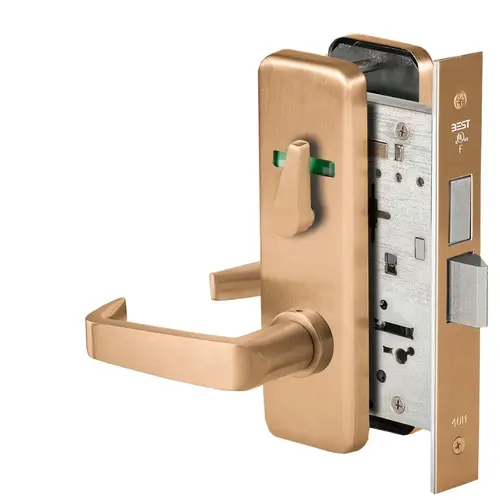 Grade 1 Privacy Mortise Lock, Visual Thumbturn Indicator, 15 Lever, J Escutcheon, Non-Keyed, Satin Bronze Finish, Field Reversible Satin Bronze