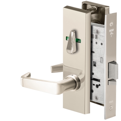 Grade 1 Office Mortise Lock, Visual Thumbturn Indicator, 15 Lever, M Escutcheon, SFIC Housing Less Core, Bright Nickel Finish, Field Reversible Bright Nickel