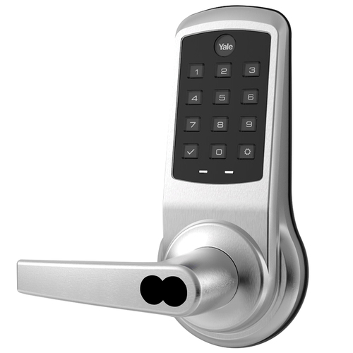 Monroe Lever NexTouch Key Override Pushbutton Keypad No Radio Lockset with Small Format Interchangeable Core Prep Satin Chrome Finish
