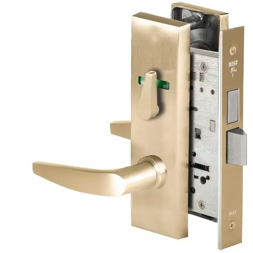 Grade 1 Privacy Mortise Lock, Visual Thumbturn Indicator, 16 Lever, M Escutcheon, Non-Keyed, Satin Brass Finish, Field Reversible Satin Brass