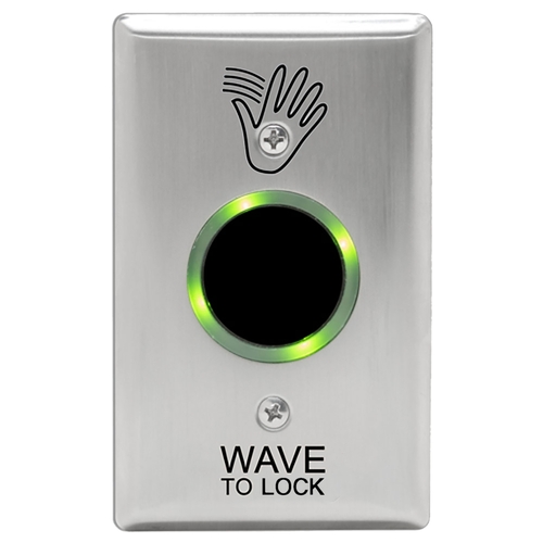 Camden CM-331/43S-SGLR SureWave CM-331 Series Touchless Switch, 1" to 28" Range, 1 Relay, Single Gang Stainless Steel Hand Icon/'Wave to Lock' Text Faceplate, Includes 1 Tri-Color Light Ring, Stainless Steel Finish Applied