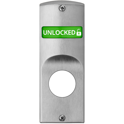 Indicator for Sectional Trim with Cylinder Prep, Exterior displays "Unlocked / Locked" in Green & Red, Field Reversible, Satin Chrome Finish Satin Chrome