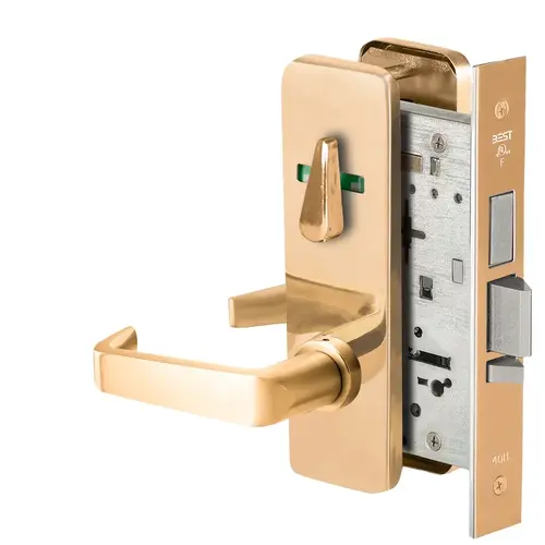 Grade 1 Dormitory Mortise Lock, Double Visual Indicator, 15 Lever, J Escutcheon, SFIC Housing Less Core, Bright Bronze Finish, Field Reversible Bright Bronze