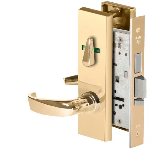 Grade 1 Dormitory Mortise Lock, Visual Thumbturn Indicator, 14 Lever, M Escutcheon, SFIC Housing Less Core, Bright Brass Finish, Field Reversible Bright Brass