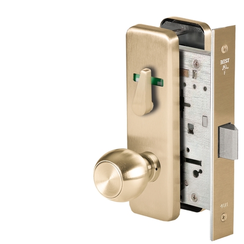 Grade 1 Privacy Mortise Lock, Double Visual Indicator, 4 Knob, J Escutcheon, Non-Keyed, Satin Brass Finish, Field Reversible Satin Brass