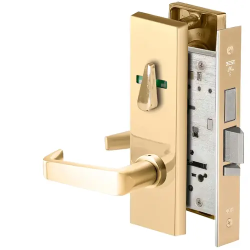 Grade 1 Dormitory Mortise Lock, Visual Thumbturn Indicator, 15 Lever, M Escutcheon, SFIC Housing Less Core, Bright Brass Finish, Field Reversible Bright Brass