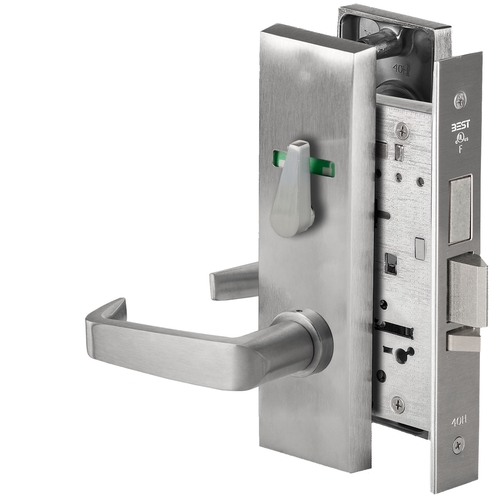 Grade 1 Dormitory Mortise Lock, Visual Thumbturn Indicator, 15 Lever, M Escutcheon, SFIC Housing Less Core, Satin Chrome Finish, Field Reversible Satin Chrome