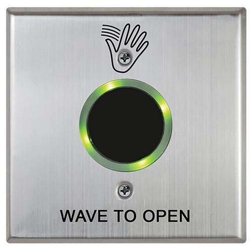 SureWave CM-332 Series Touchless Switch, 1" to 28" Range, 2 Relays, Double Gang Stainless Steel Hand Icon/'Wave to Open' Text Faceplate, Includes 1 Tri-Color Light Ring, Stainless Steel Finish Applied