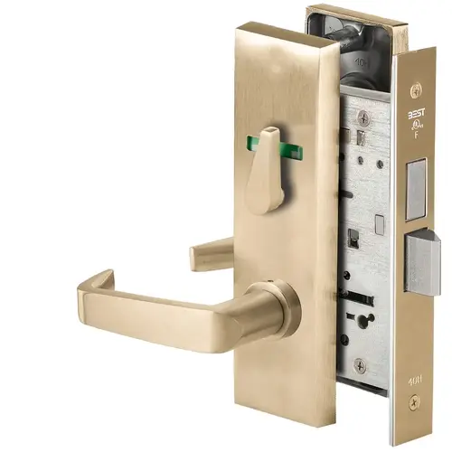 Grade 1 Privacy Mortise Lock, Visual Thumbturn Indicator, 15 Lever, M Escutcheon, Non-Keyed, Satin Brass Finish, Field Reversible Satin Brass