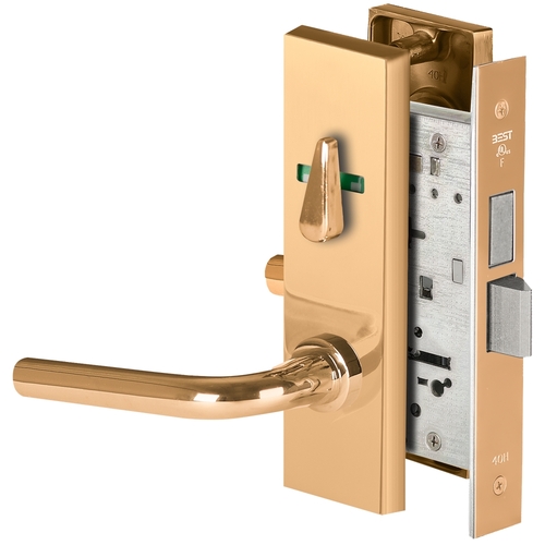 Grade 1 Dormitory Mortise Lock, Visual Thumbturn Indicator, 12 Lever, M Escutcheon, SFIC Housing Less Core, Bright Bronze Finish, Field Reversible Bright Bronze