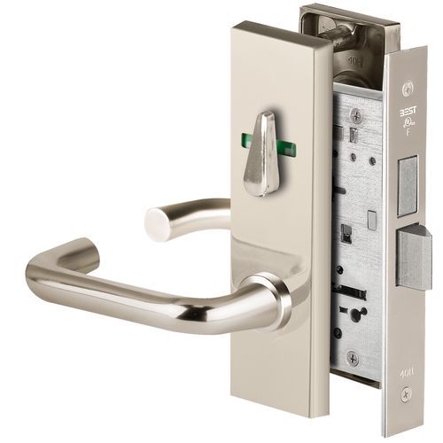 Grade 1 Privacy Mortise Lock, Visual Thumbturn Indicator, 3 Lever, M Escutcheon, Non-Keyed, Bright Nickel Finish, Field Reversible Bright Nickel