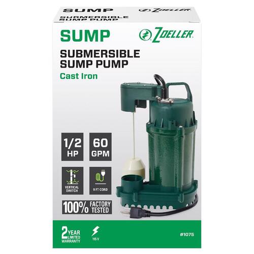 Sump Pump 1/2 HP 3600 gph Cast Iron Vertical Float Switch AC Submersible