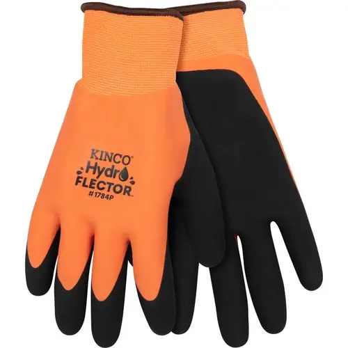 Waterproof Coated Gloves, XL, Knit Wrist Cuff, Latex Coating, Acrylic Glove, Black/Orange Pair