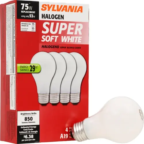 Sylvania 50018 BULB HALOGEN A19 SFT WHITE 53W Frosted - pack of 4