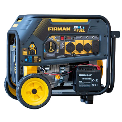 Firman H07552 Hybrid Portable Generator, 50 A, 120/240 VAC, Gasoline, Liquid Propane, 8 gal Tank, 12 hr Run Time Black/Yellow