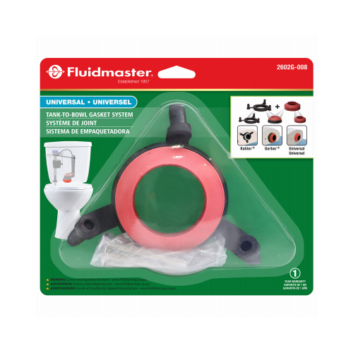 Fluidmaster 2602G-008-T5 Universal Tank-to-Bowl Gasket System, 2 in Dia, Rubber/Stainless Steel, Black/Red