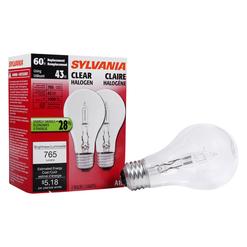 Sylvania 52550 Halogen Bulb 43 W A19 A-Line 765 lm Warm White Clear