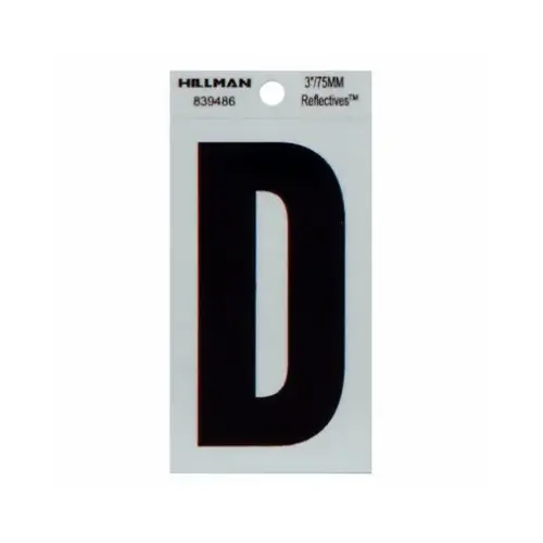 Reflective Adhesive House Address Letter D, Thin Cut, Black Vinyl, 3-In.