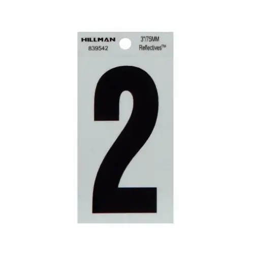 Reflective Adhesive House Address Number 2, Thin Cut, Black Vinyl, 3-In.