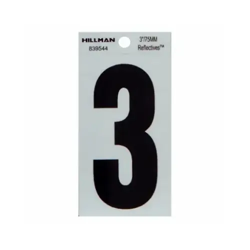 Reflective Adhesive House Address Number 3, Thin Cut, Black Vinyl, 3-In.