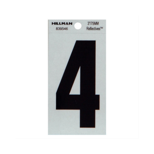 Reflective Adhesive House Address Number 4, Thin Cut, Black Vinyl, 3-In.